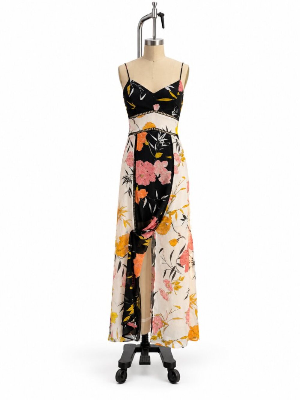 GUESS Black & Cream Floral Maxi Dress with Front Slit - XS